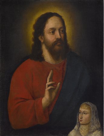Scuola italiana (XVIII secolo) Cristo Benedicente con figura Olio su tela...