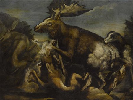 Scuola italiana (XVII secolo) Lotta tra animali Olio su tela Misure 125x165 cm