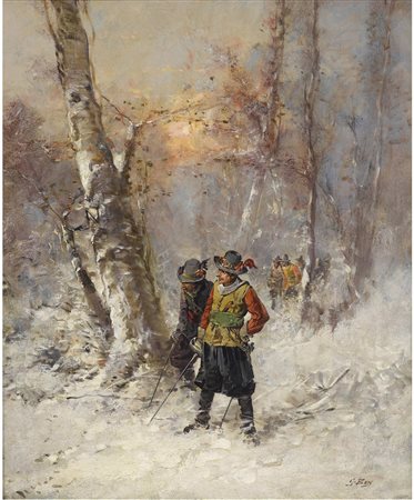 Ben (XIX secolo) Soldati nel bosco Olio su tela Firmato Misure 59.5x49.5 cm...