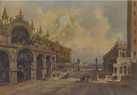 Giuseppe Riva (1834-1916) Piazza San Marco (Venezia) Olio su tela Firmato...