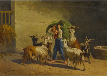 Antonio Milone (XIX secolo) Pastorello con capre Olio su tela Firmato Misure...