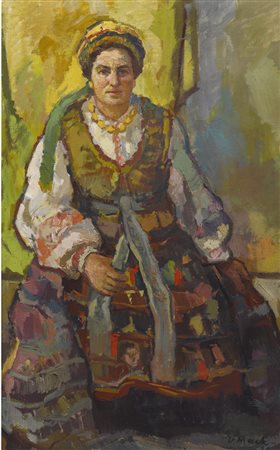 Vytautas Mackevičius (Lituania 1911-1991) Contadina in costume locale Olio su...