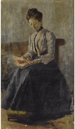 Ester Mauri (Lesmo 1866-Mariano Comense 1919) Al Ricamo Olio su cartone...