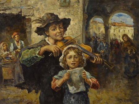 A. Basile (XX secolo) Giovane suonatore in strada Olio su tela Firmato Misure...