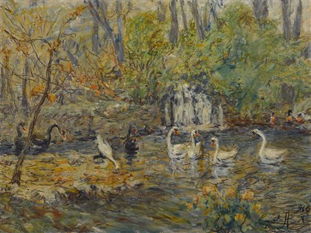 Carlo Aimetti (Bisuschio 1901-Milano 1987) Laghetto con cigni Olio su...
