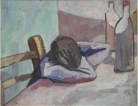 Anonimo (XX Secolo) Figura addormentata con bottiglie Olio su cartoncino...