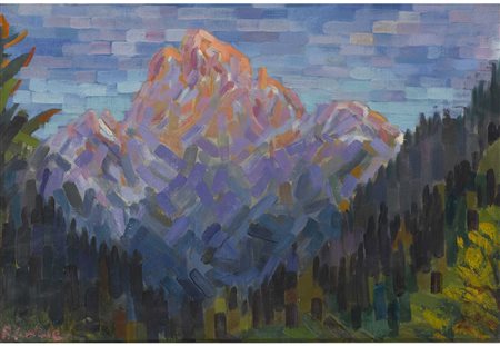 Firma illeggibile Montagna rosata Olio su compensato Firmato Misura 35.5x50 cm