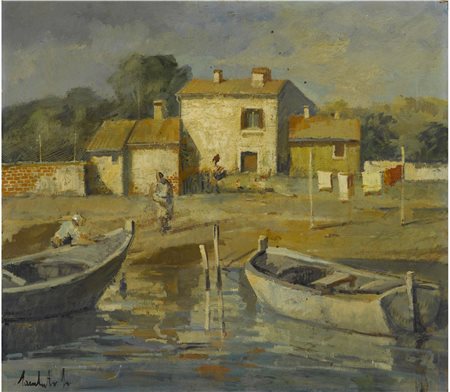 Lamberto Lamberti (1925-2003) Case di pescatori Olio su compensato Firmato...