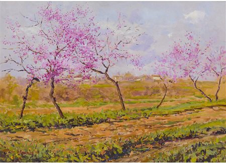 Tino Pirovano (XX secolo) Paesaggio Olio su faesite Firmato Misure 40x55 cm