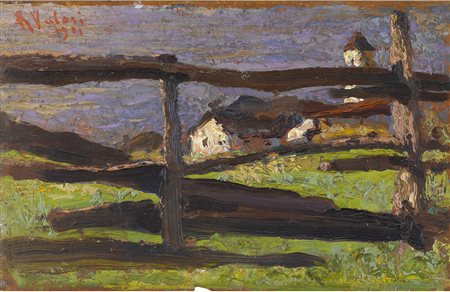 Romano Valori (1886-1918) Paesaggio con steccato Olio su tavoletta Firmato...