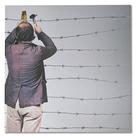 Michelangelo Pistoletto N. 1933 UOMO CHE INCHIODA IL FILO SPINATO SIGNED,...