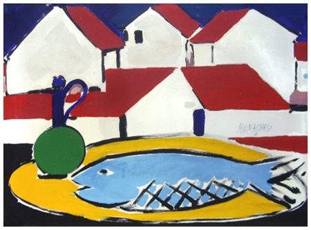 SANTE MONACHESI Macerata 1910 – Roma 1991 Case e Baia Domizia con pesce...