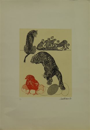 TRUBBIANI LEOPARDI SU PULCINO, 1977 ACQUAFORTE cm 70 x 50 Firma in basso a...