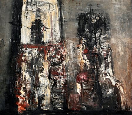 TINO VAGLIERI 1929 - 2000 Senza titolo ( Figura con televisione), 1957 Olio...