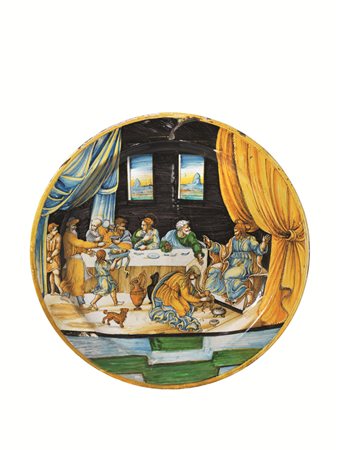 PIATTO CAFAGGIOLO, 1545 CIRCA Maiolica dipinta in policromia con giallo,...
