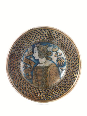 PIATTO DERUTA, 1500-1530 Maiolica dipinta in policromia con blu di cobalto e...