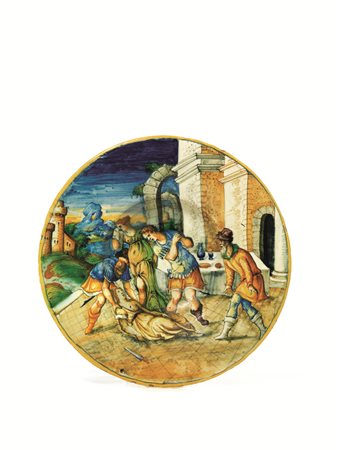PIATTO, VENEZIA, BOTTEGA DI MASTRO DOMENICO 1570 CIRCA Maiolica dipinta in...