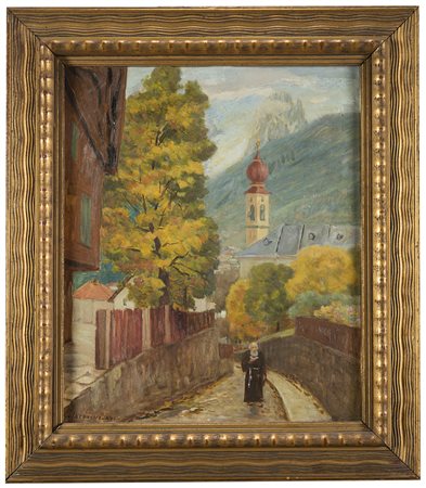 Giovanni Jacovino" Scorcio di paese montano con frate " olio su compensato...