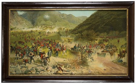 Oleografia intelata da Felice Zennaro "Battaglia di Bezzecca" (cm 57x100) In...