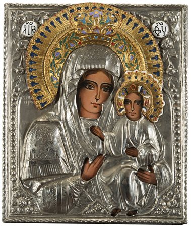 Icona con riza in metallo argentato e smalti (cm 26x22)