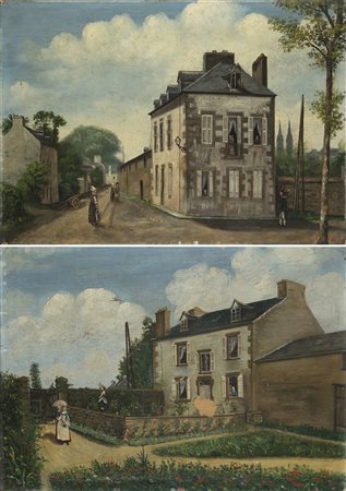 Scuola del sec. XIX "Scorcio di palazzo con figure" coppia di olii su tela...