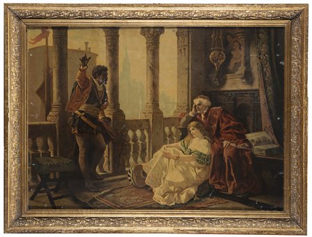 Oleografia del sec. XIX raffigurante una scena di genere con moro (cm 53x74)...