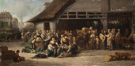 Firma indecifrata, sec. XIX "Scena di mercato"olio su tavola (cm 38x77)...