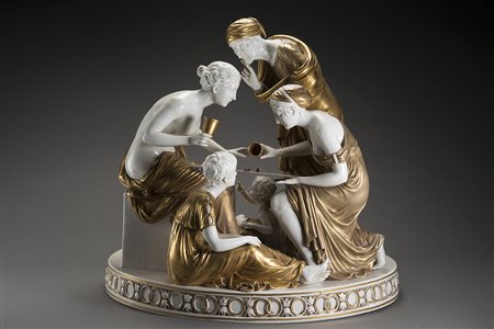 Manifattura italiana del sec. XX "Gioco dei dadi" gruppo in porcellana...