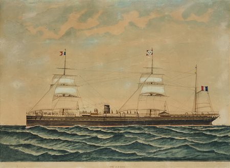 Litografia del sec. XIX con ritocchi a mano raffigurante il veliero Crenque...