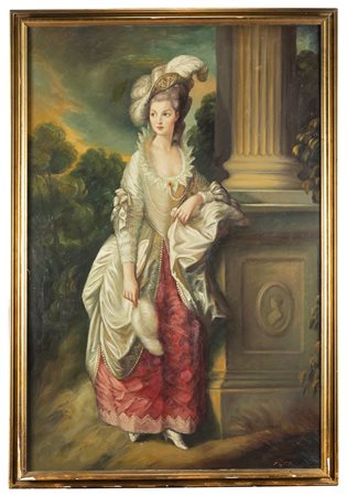 Firma indecifrata "Donna in abiti settecenteschi" olio su tela (cm...