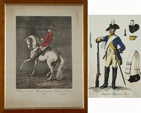 Lotto composto da due stampe raffiguranti un dragone e un cavaliere. In cornici