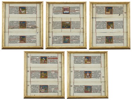 Lotto composto da cinque stampe con iscrizione indiane con ritocchi a mano...