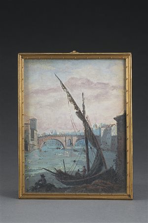 Scuola del sec. XIX "Scorcio di città con ponte" tempera su carta (cm 11x9)...