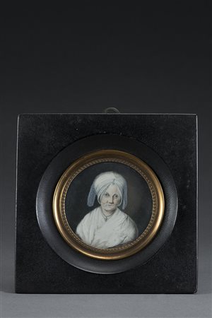 Maestro del sec. XIX "Ritratto di donna con cuffia" miniatura tonda su avorio...