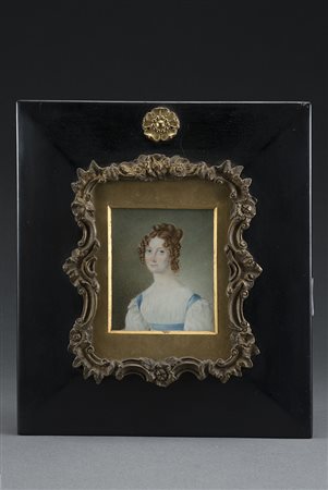 Maestro del sec. XIX "Ritratto di gentildonna in abito bianco" miniatura su...