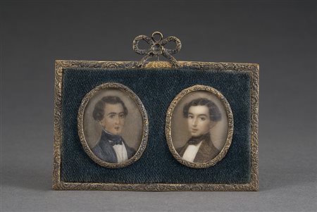 Scuola del sec. XIX "Ritratti" coppia di miniature ovali (cm 3x 2,5) in unica...