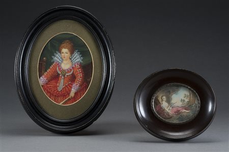 Lotto composto da due miniature di misure diverse raffiguranti gentildonna e...