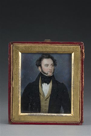 Maestro del sec. XIX "Ritratto di uomo con foulard" miniatura su avorio (cm...