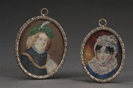 Lotto composto da due miniature di diversa misura raffiguranti gentiluomo e...