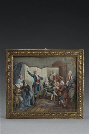 Scuola del sec. XIX " Interno con intrattenimento musicale" (cm 8x10) In...