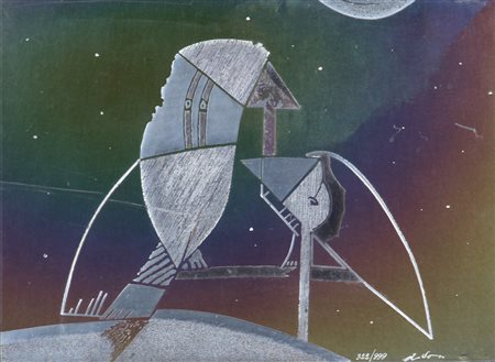 Gianni Dova, Uccelli sotto le stelle, 1976, multiplo su lastra in argento 800...