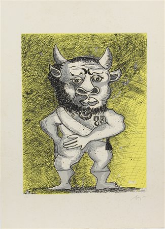 Enrico Baj, Minotauro, acquaforte su carta, cm. 69x49,5 (lastra cm. 48x36),...