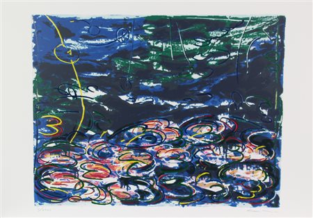 Mario Schifano, Gigli d'acqua, serigrafia materica su carta, cm. 70x100, es....