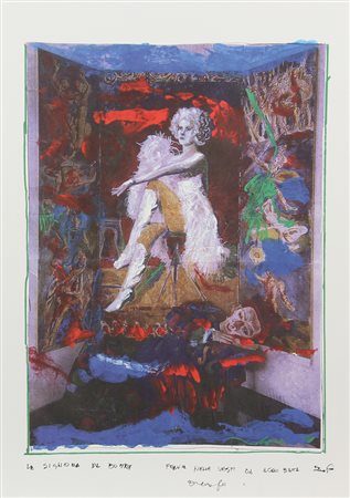 Dario Fo, Franca nelle Vesti di Acrobata, stampa su carta, cm. 68x48, firmata...