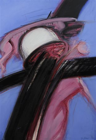 Tino Vaglieri, Figura e animale, 1987, tecnica mista su carta applicata su...