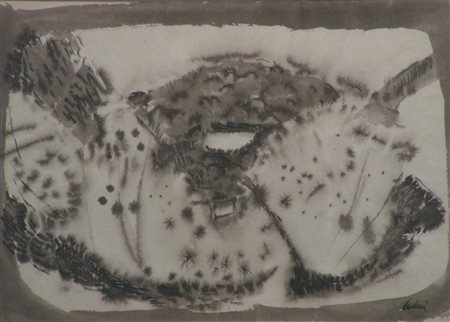 Enrico Paulucci, Paesaggio, guazzo in bianco e nero su carta antica, cm....