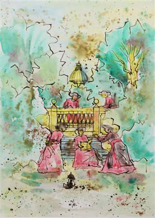 Nino Caffè, Pretini, tecnica mista su carta applicata su tela, cm. 50x35,...