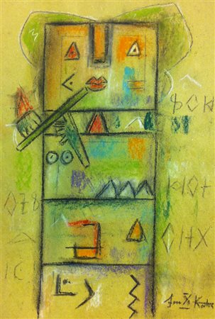 Ibrahim Kodra, Senza titolo, tecnica mista su carta, cm. 30x20, firmata in...