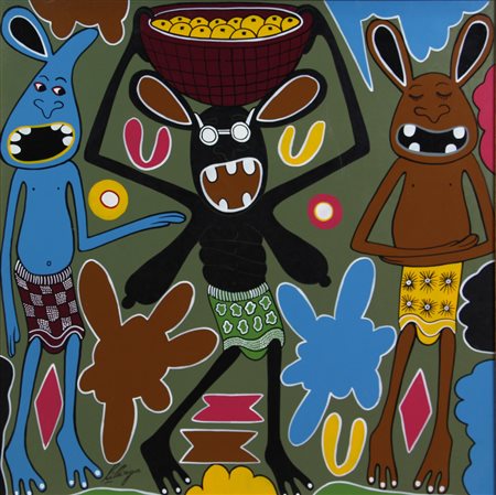 George Lilanga, MANUFAA YA KILIMO, (2002), olio su faesite, cm. 61x61,...