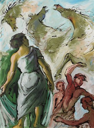 Rodolfo Zito, Cavalli e Figure, olio su tela, cm. 70x50, firmato in basso a...